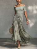 Clara - Vestido Maxi de Tecido Elástico e Chiffon Cinza para Mulher