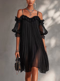 Vittoria | Mini vestido preto em chiffon com ombros à mostra e bordado em renda para Mulher