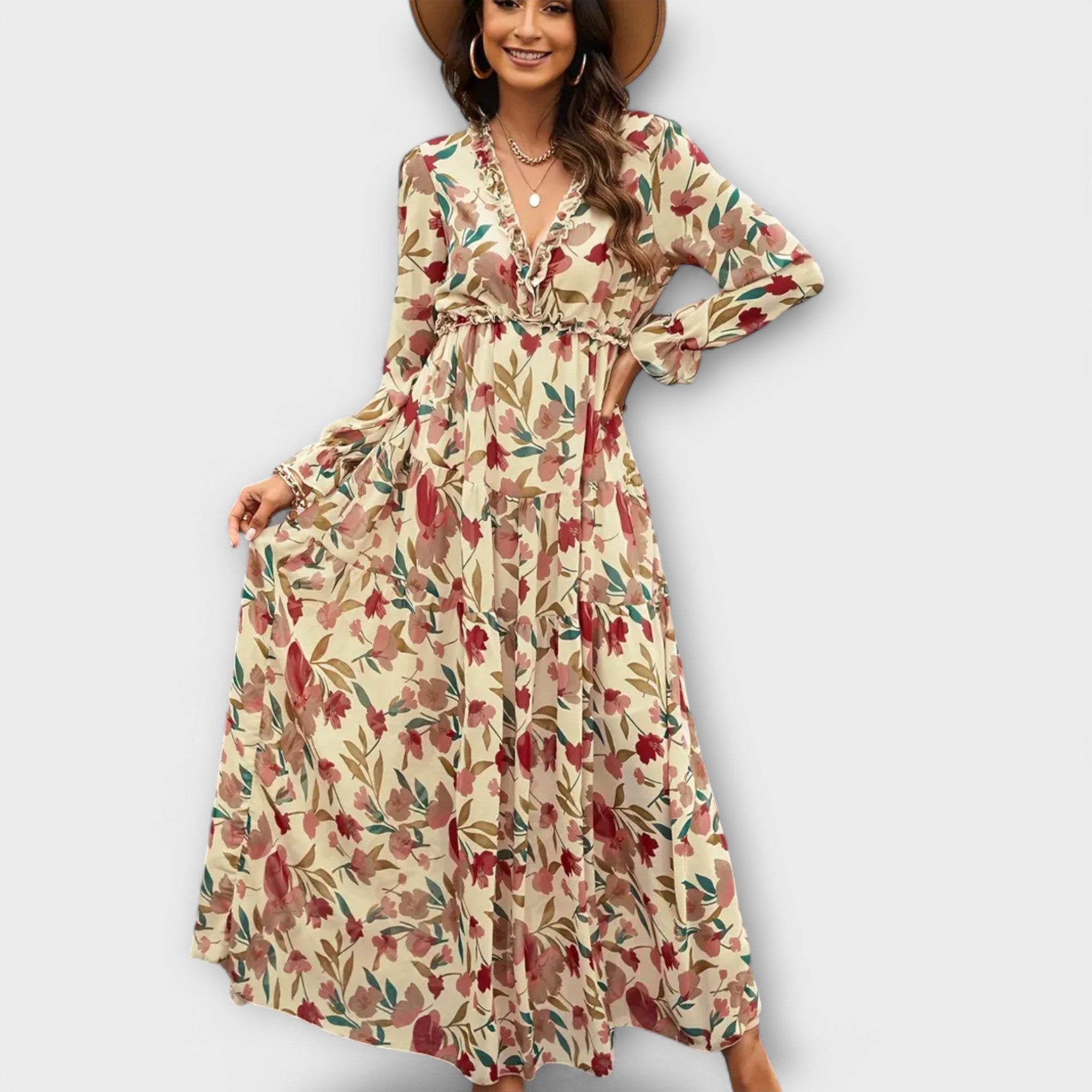 Aldona | Vestido Maxi Floral com Decote V e Tecido Plissado