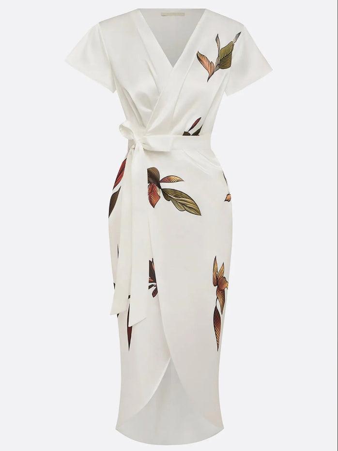 Matilde | Vestido Wrap Elegante com Estampa de Folhas