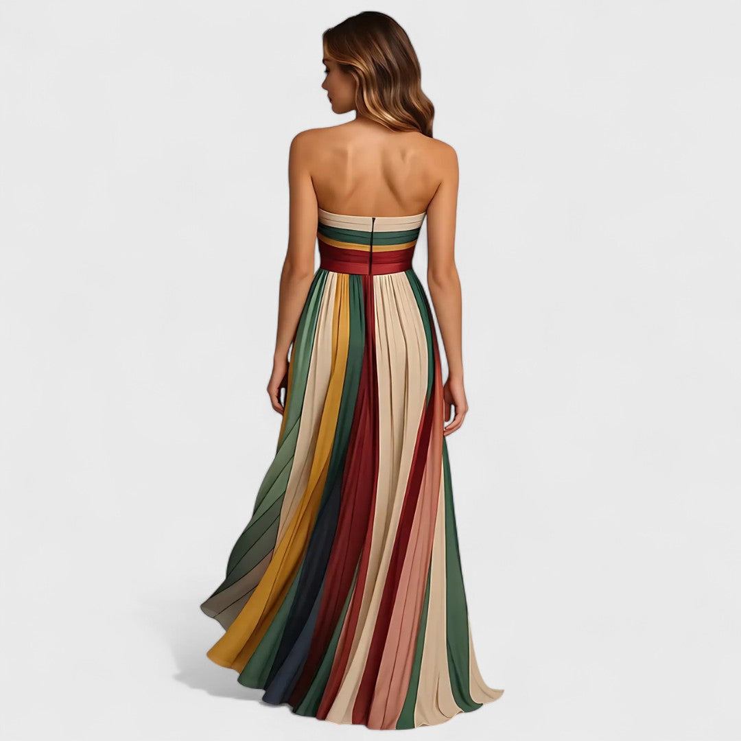 Renata | Vestido Maxi sem Mangas com Riscas Multicolor