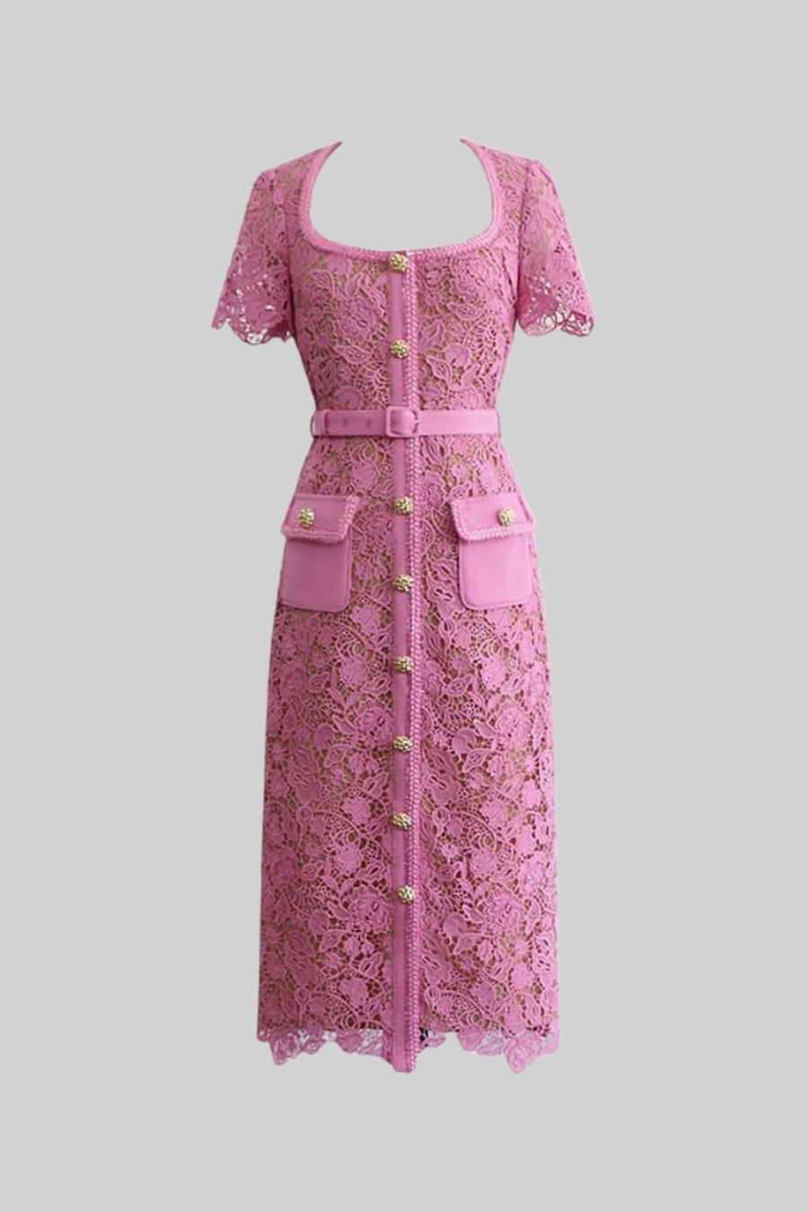 Inês | Vestido Midi de Renda Floral com Cintura Franzida — Rosa