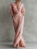 Rosa - Vestido Maxi Minimalista com decote em V em mistura de Linho para Mulher