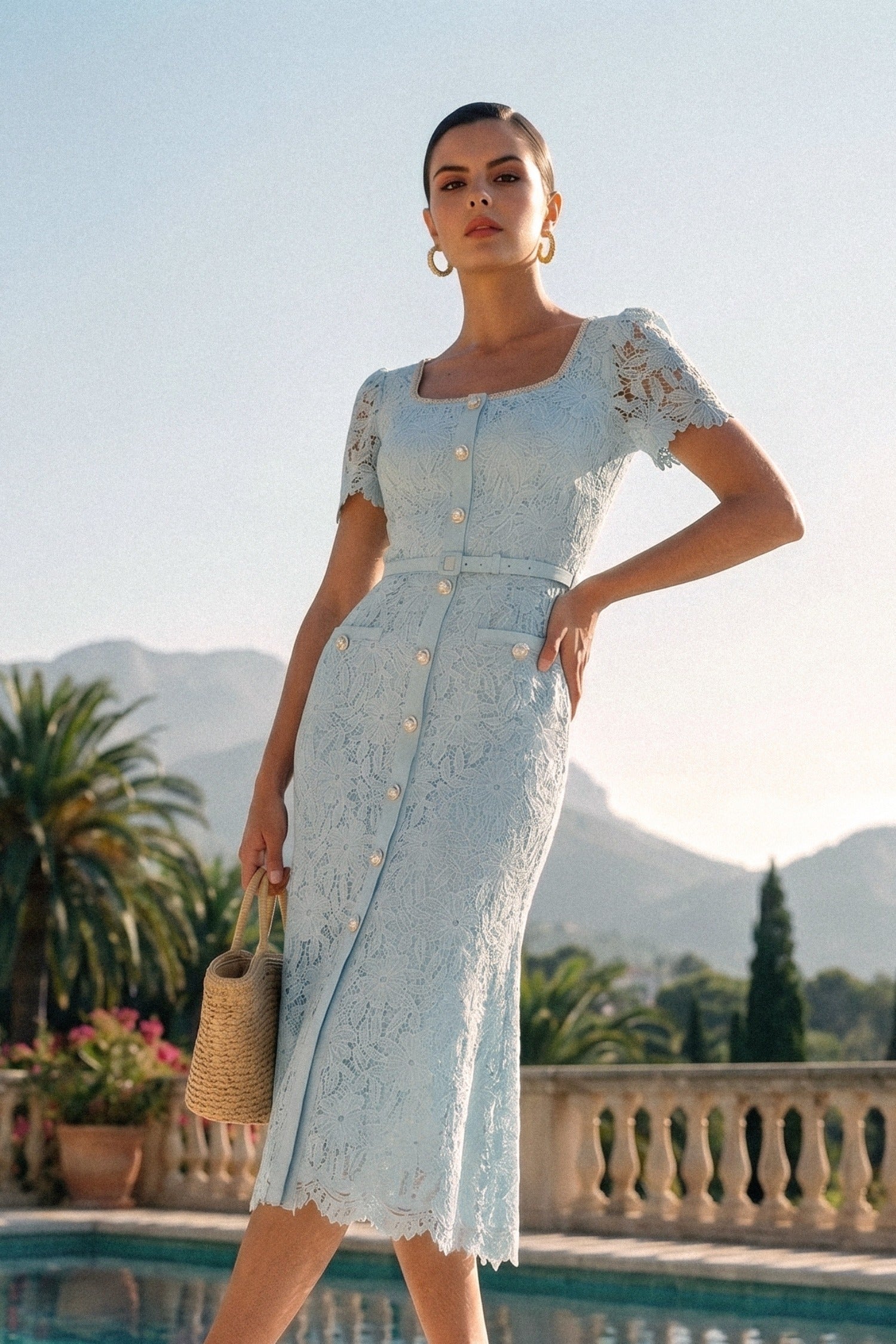 Beatriz | Vestido Midi de Renda Azure com Botões Frontais — Azul Bebé