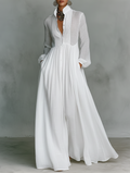 Elisa - Maxi Minimalista em Algodão e Linho com Patchwork, Gola Alta e Mangas Longas