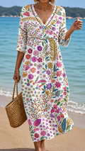 Flor - Vestido Midi Suave com Elegante Padrão Floral Multicolorido para Mulher