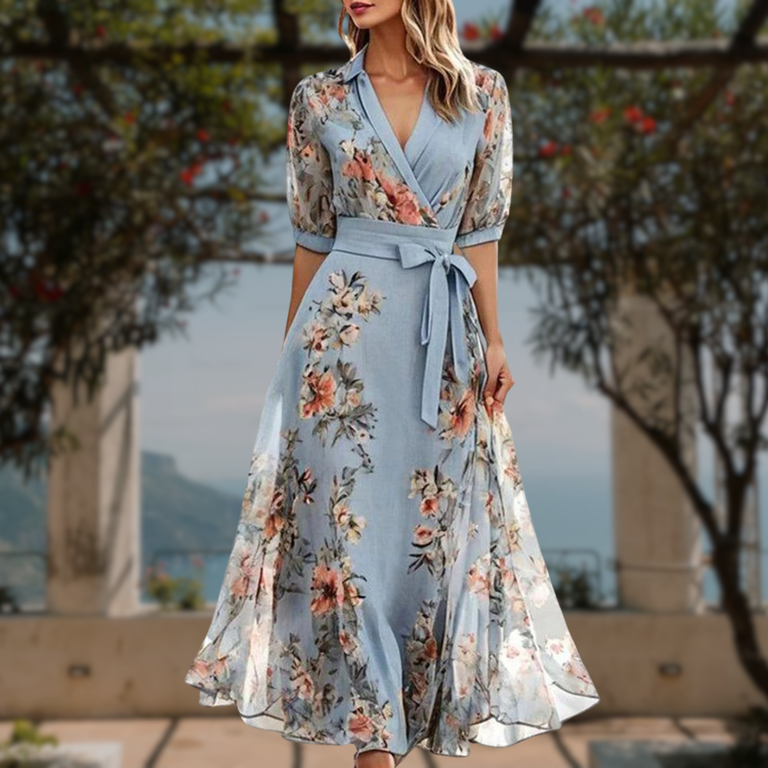 Felícia | Vestido Maxi Floral Wrap com Mangas Compridas