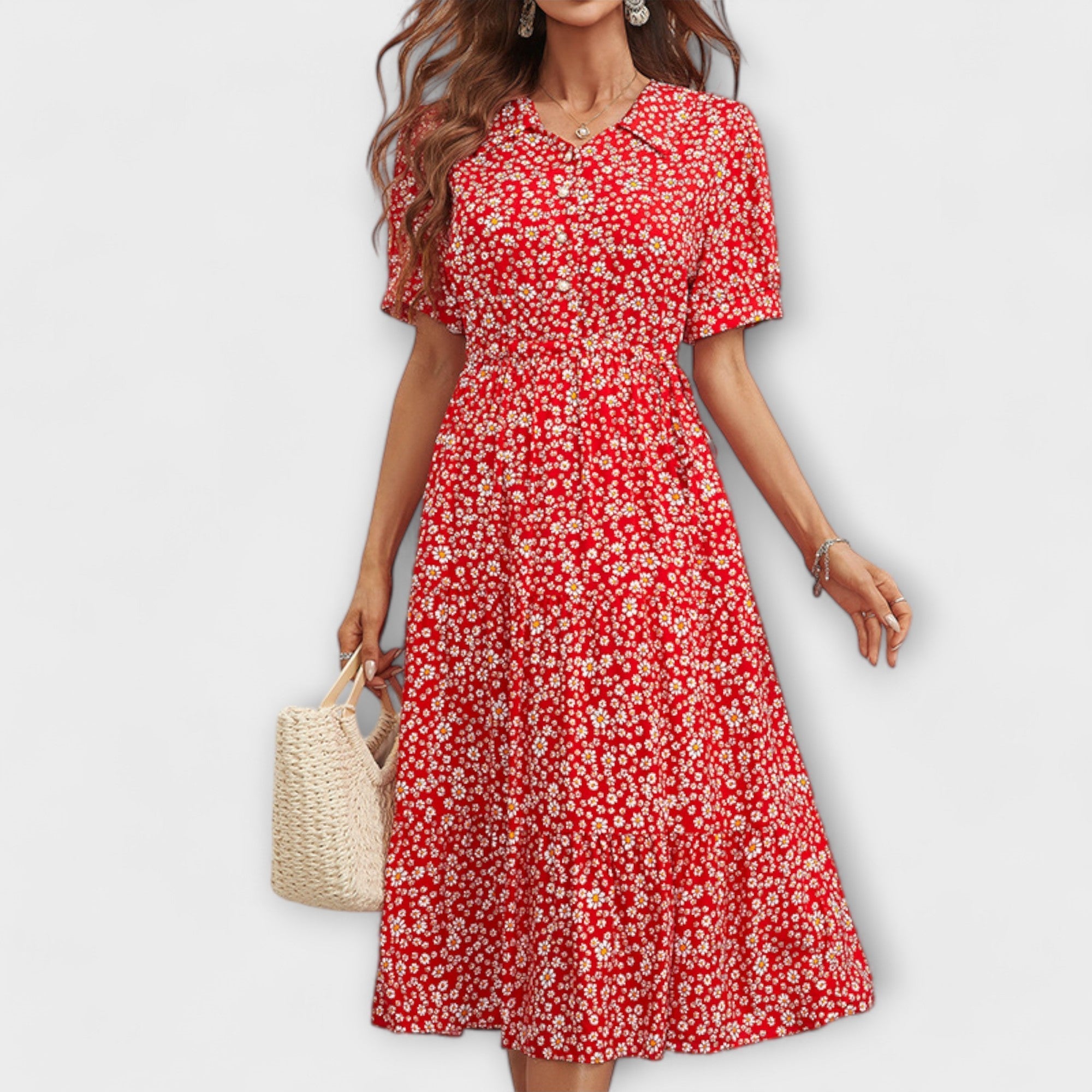 Amelia – Vestido com Decote Redondo e Padrão Floral