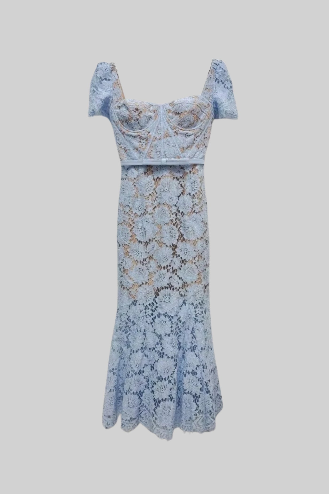 Constança | Vestido de Renda com Cinto a Condizer — Azul Claro