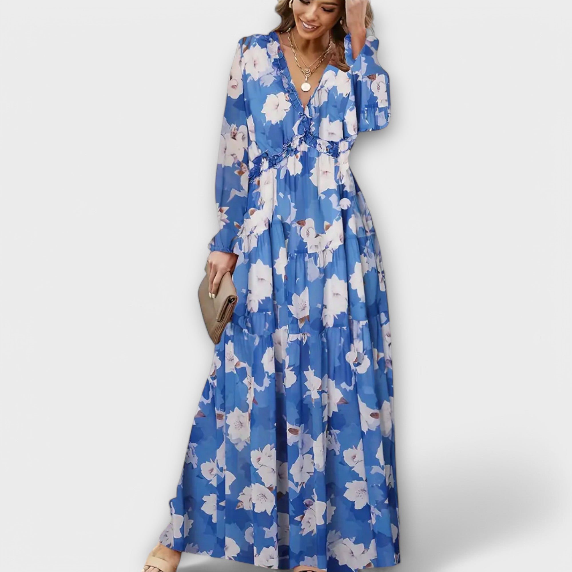 Aldona | Vestido Maxi Floral com Decote V e Tecido Plissado