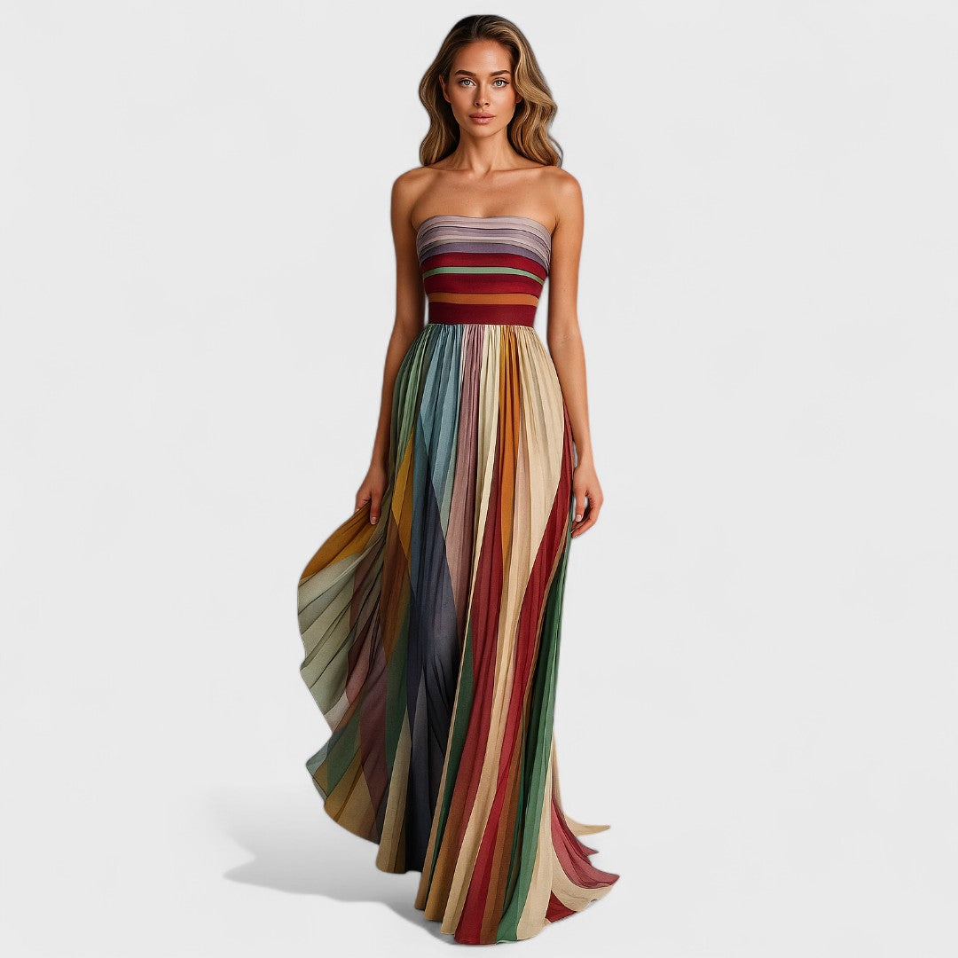 Renata | Vestido Maxi sem Mangas com Riscas Multicolor