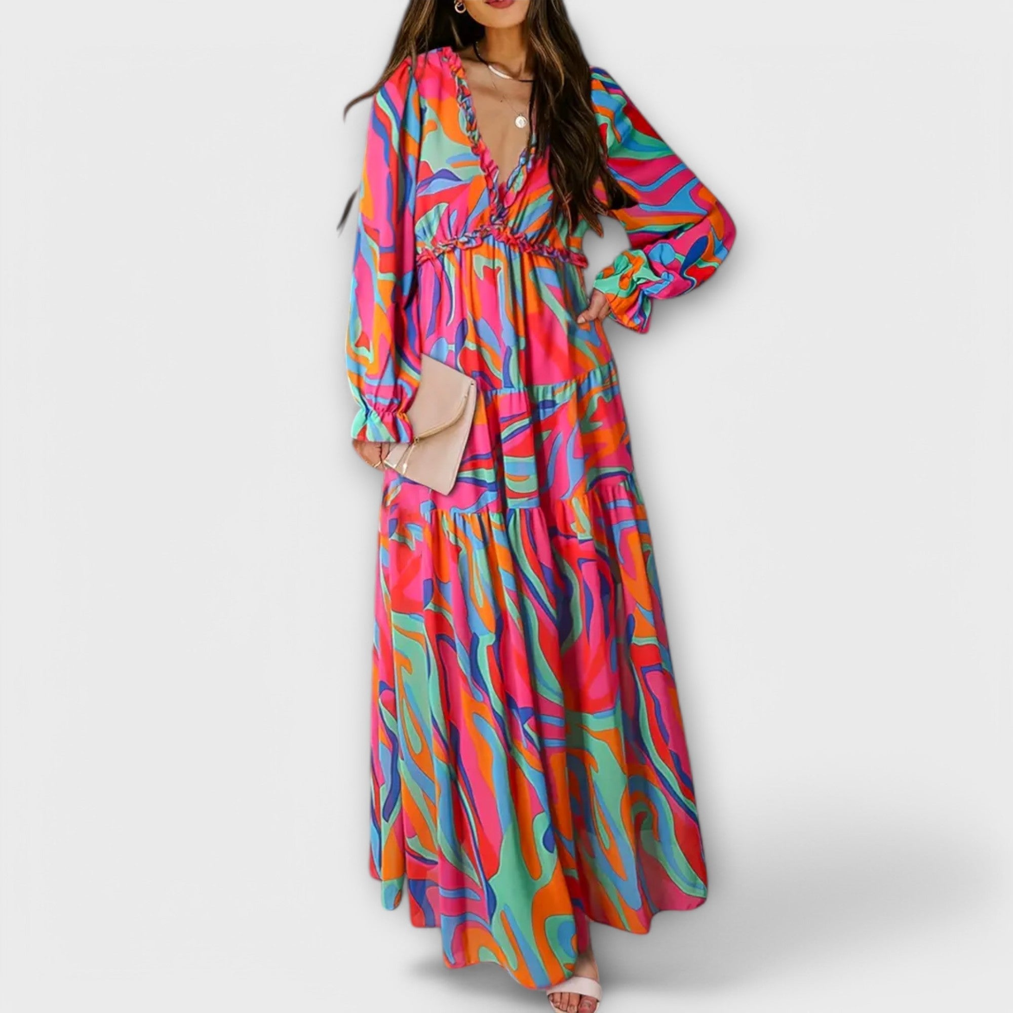 Aldona | Vestido Maxi Floral com Decote V e Tecido Plissado