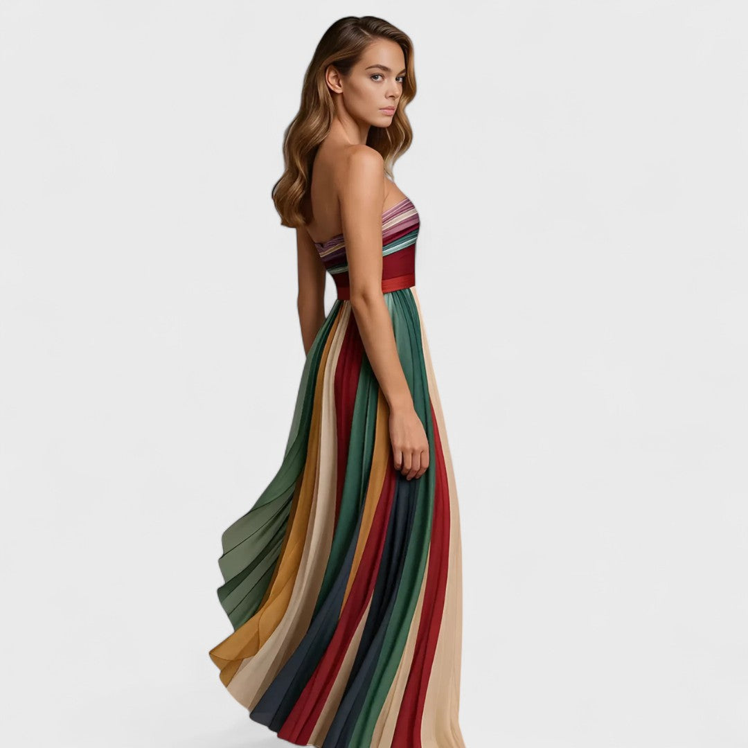 Renata | Vestido Maxi sem Mangas com Riscas Multicolor