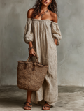 Carmen | Vestido longo de algodão e linho com ombros descobertos para Mulher
