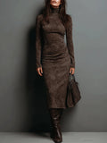 Ilaria - Vestido Midi em Suede com Gola Alta e Mangas Longas