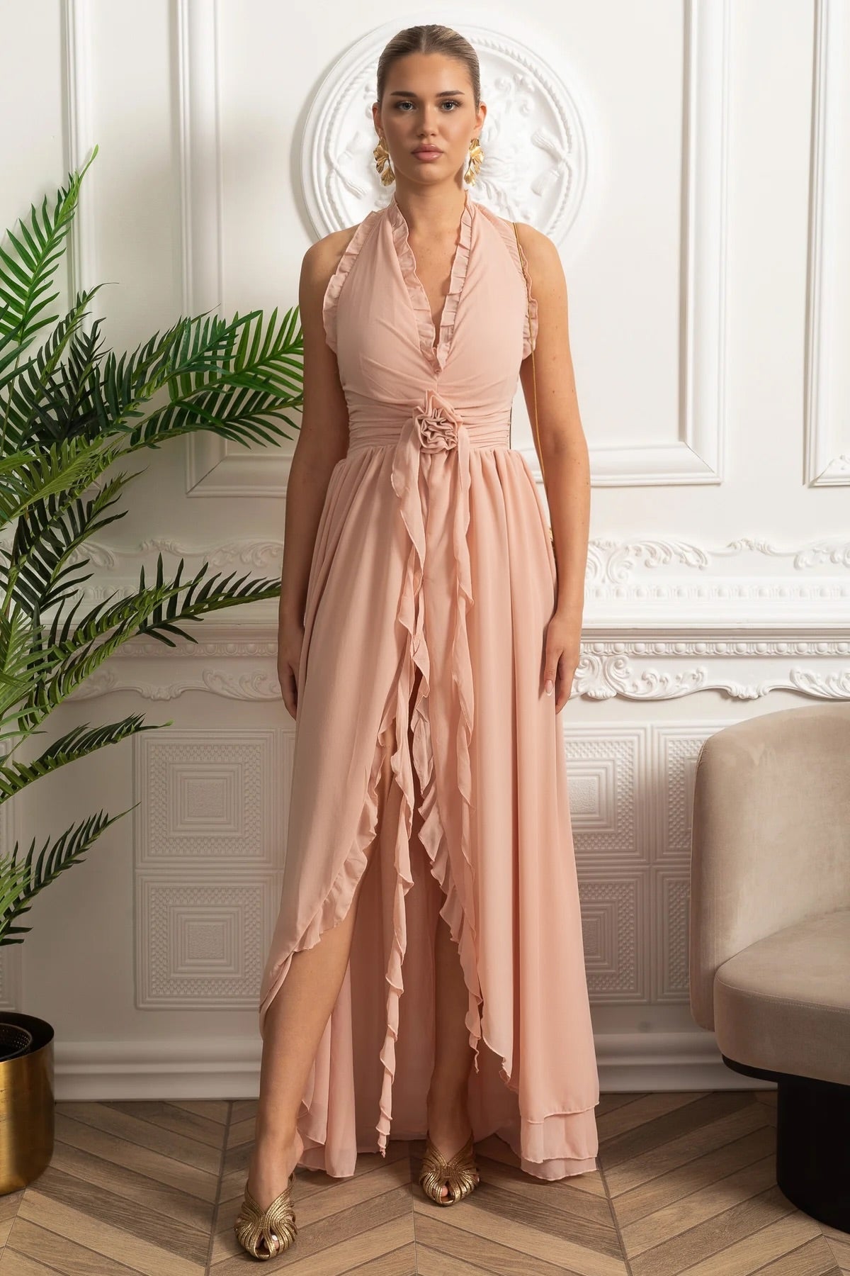 Catarina | Vestido Maxi Halter com Detalhe Rosette — Rosa