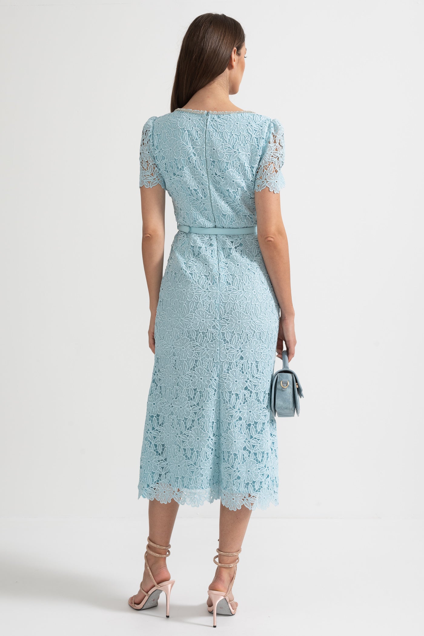 Beatriz | Vestido Midi de Renda Azure com Botões Frontais — Azul Bebé