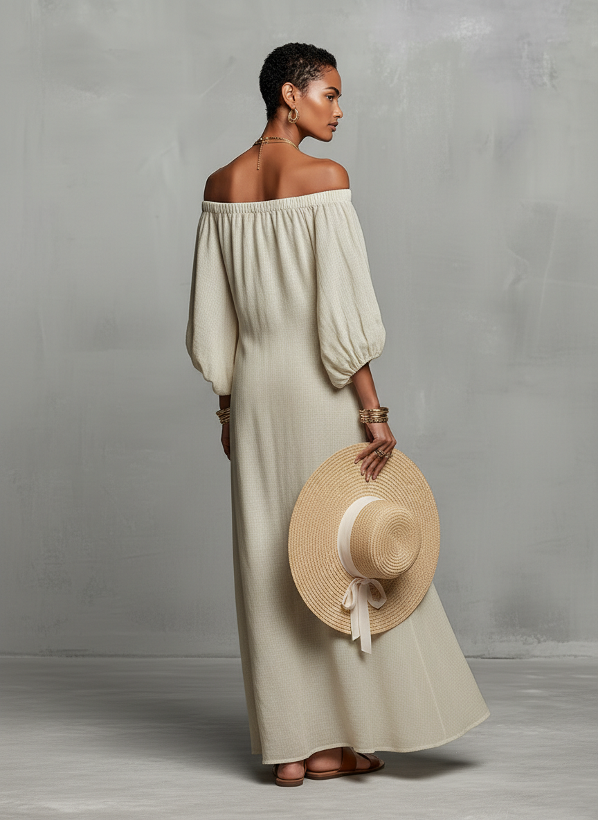 Constança | Vestido Maxi com Ombros de Fora e Bordado Delicado