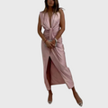 Vestido midi clássico com fenda drapeada e franzida