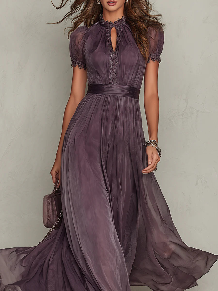 Florbela | Vestido Maxi em Chiffon Roxo com Renda e Decote Gota Vintage
