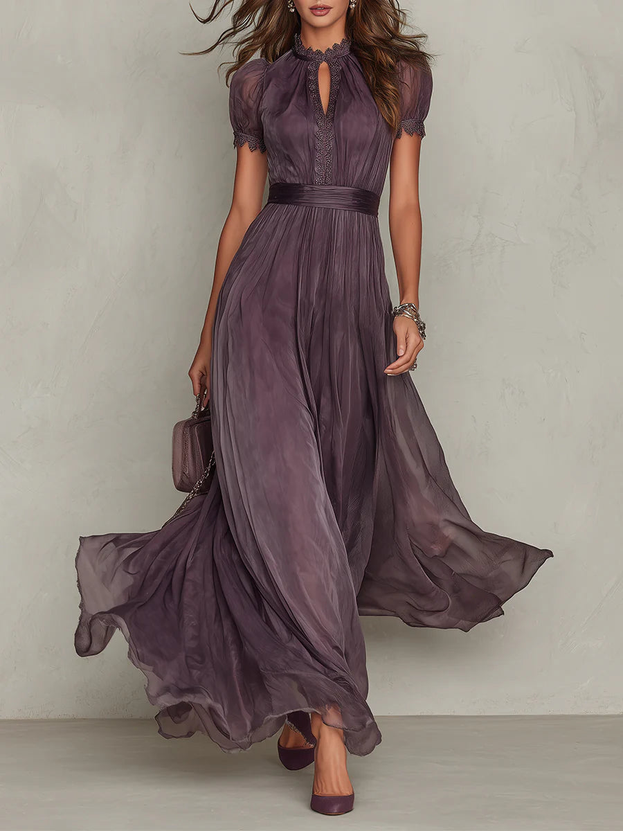 Florbela | Vestido Maxi em Chiffon Roxo com Renda e Decote Gota Vintage