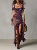Druida - Vestido Maxi Floral com Estampa de Leopardo Nómada Urbano em Roxo com Fenda Alta para Mulher