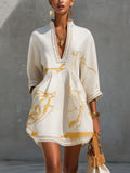 Aliénor | Vestido Mini de Renda de Croché Marfim com Motivos Dourados e Decote em V para Mulher