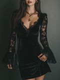 Lunori™ | Vestido mini em veludo e renda Luna