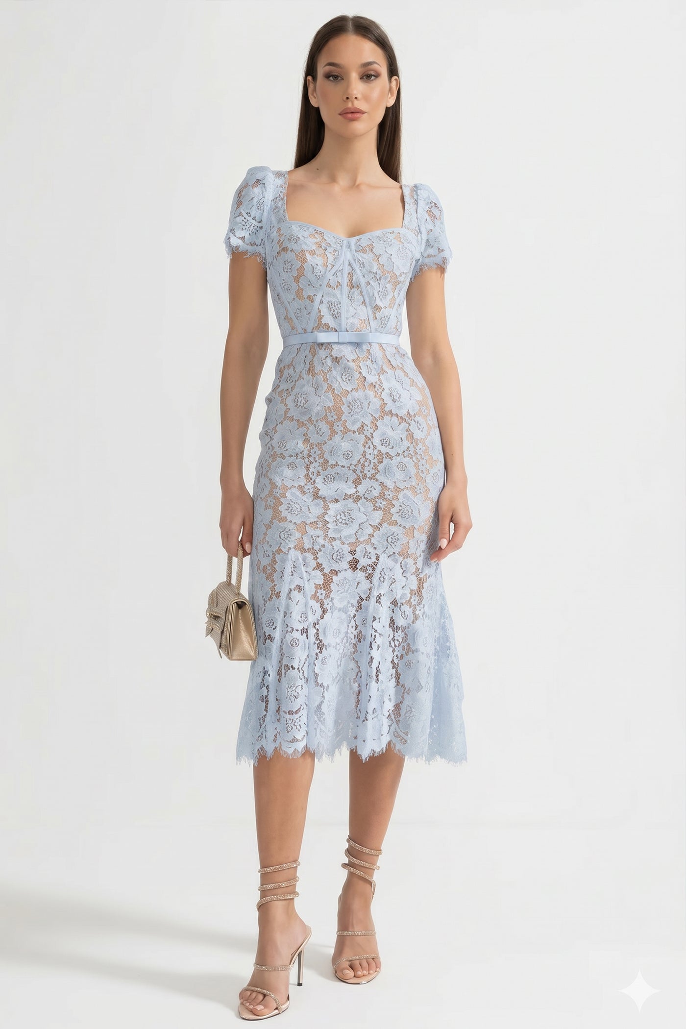 Constança | Vestido de Renda com Cinto a Condizer — Azul Claro
