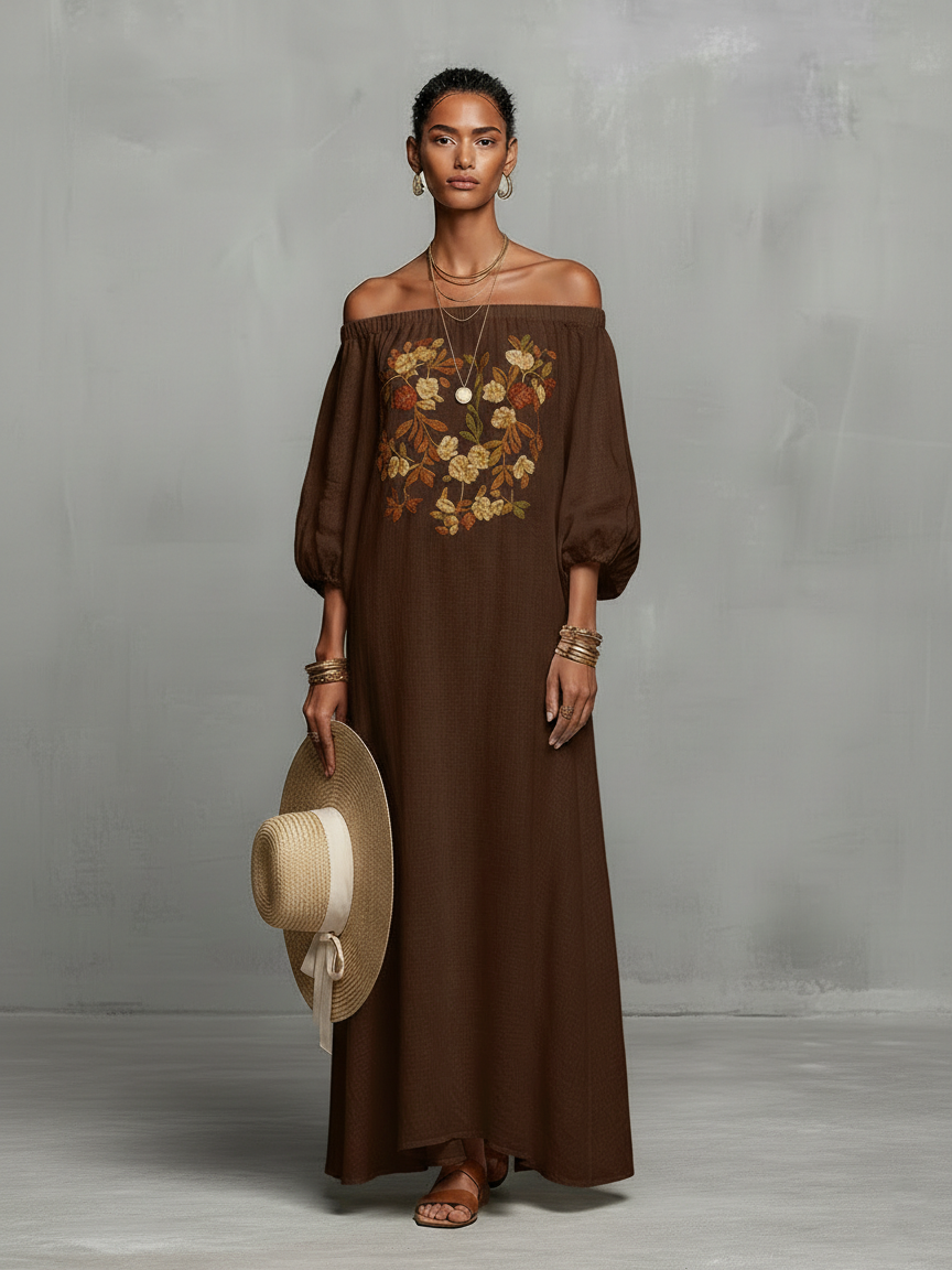 Constança | Vestido Maxi com Ombros de Fora e Bordado Delicado