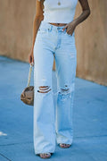 Carla | Jeans Perna Larga Desgastados Mulher Cintura Alta