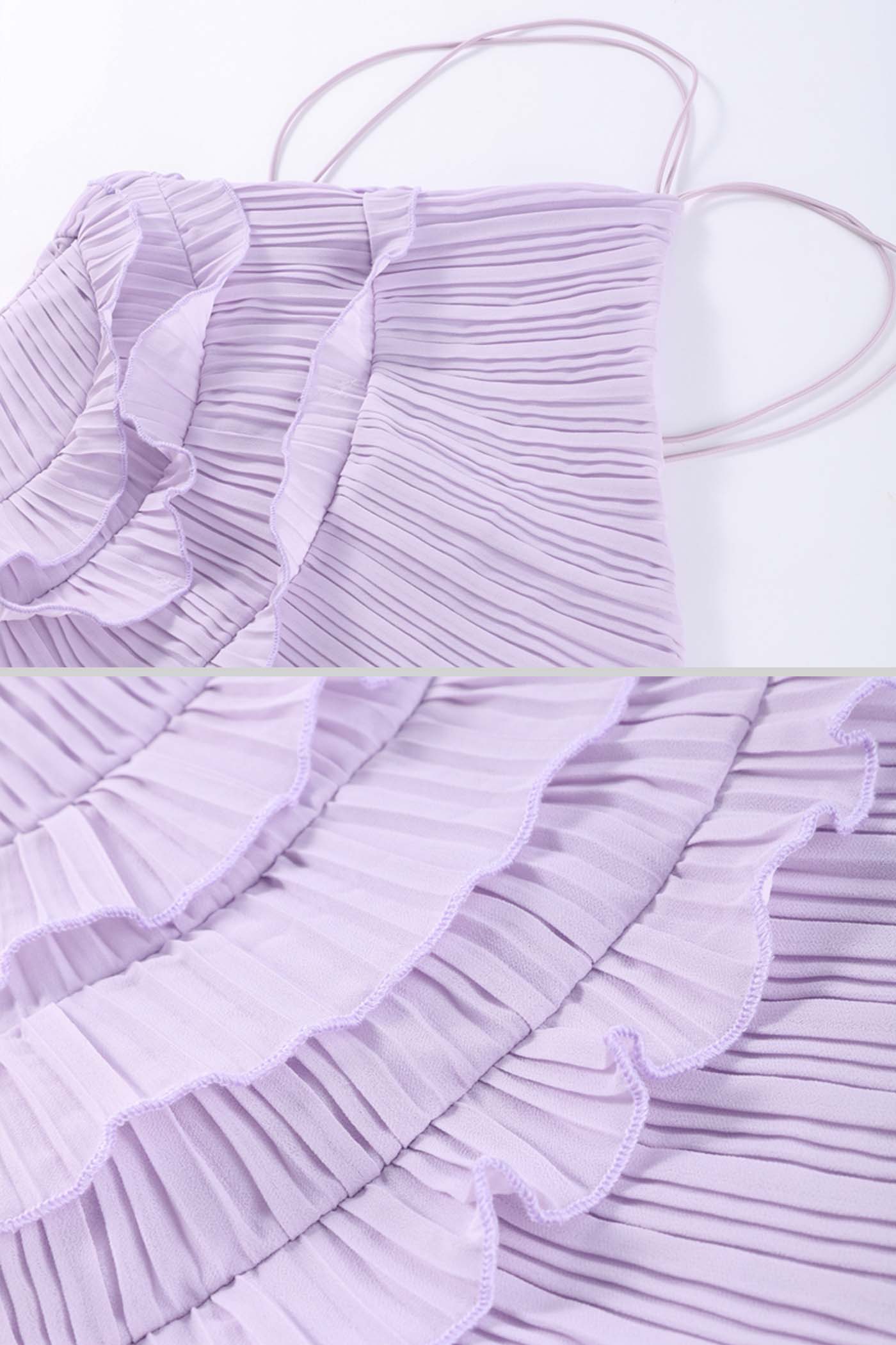 Amélia | Vestido Midi Plissado Halter com Babados em Cascata — Lavanda