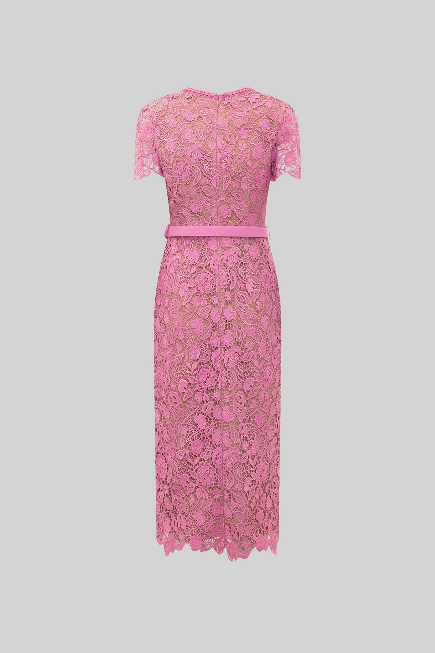 Inês | Vestido Midi de Renda Floral com Cintura Franzida — Rosa