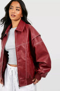 Liliana | Casaco Bomber de Couro Sintético Mulher Oversized Costuras Contraste