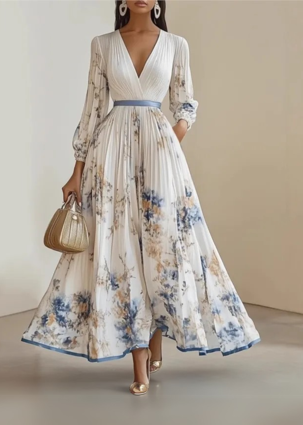 Henriqueta | Vestido Maxi Floral com Saia Plissada e Mangas Compridas