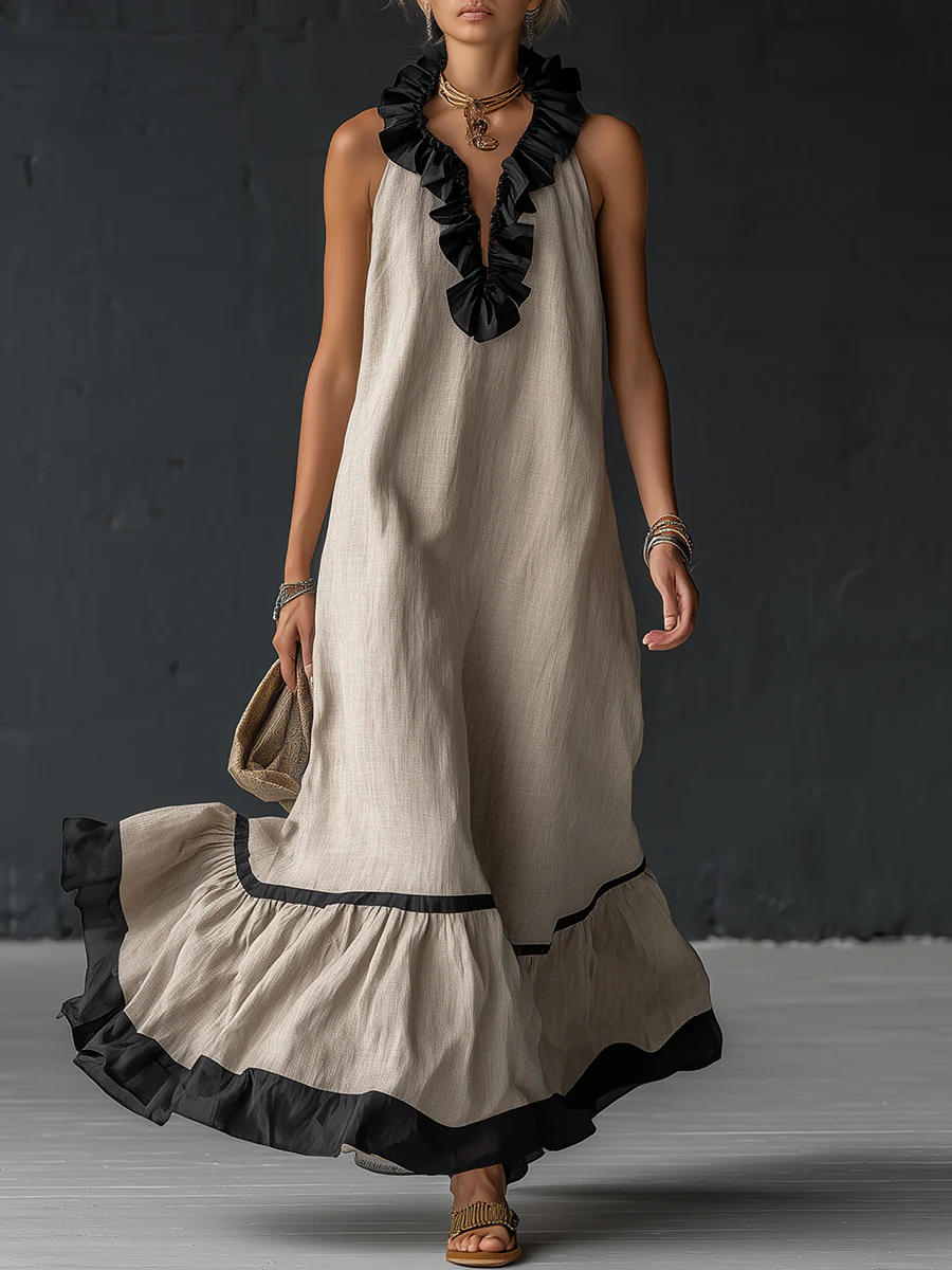 Sofia | Vestido Maxi com Folhos e Detalhe Bicolor