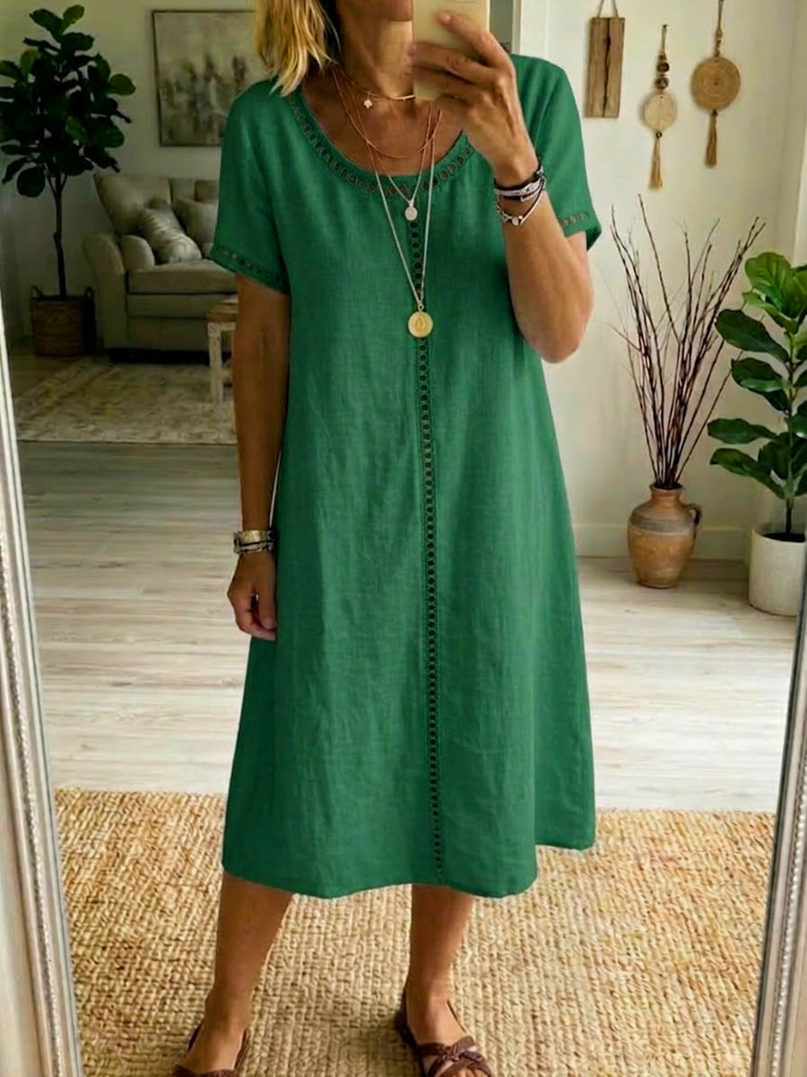 Leonor | Vestido em Linho e Algodão com Bordado Artesanal e Detalhes Abertos | Éloren Lisboa