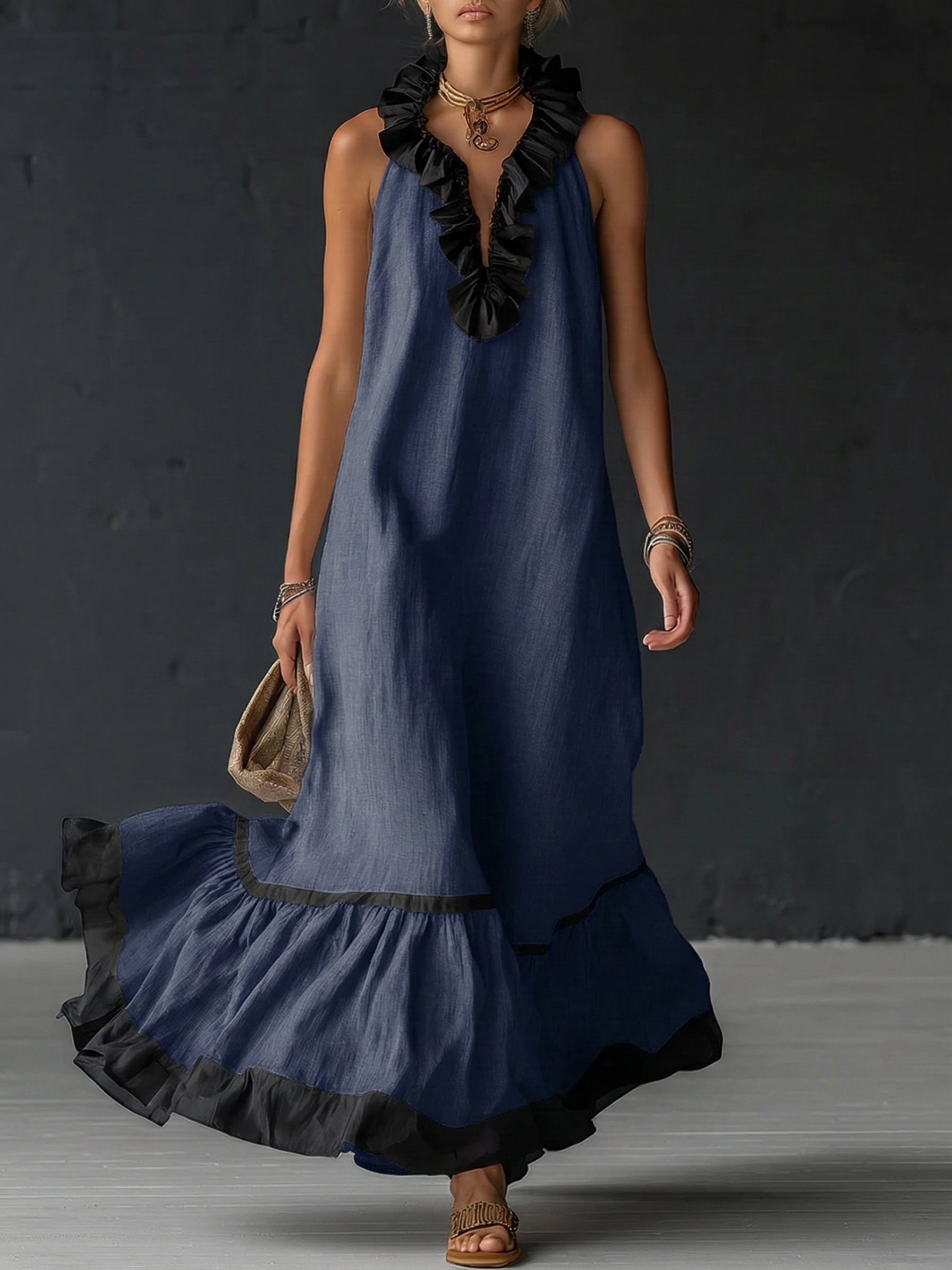 Sofia | Vestido Maxi com Folhos e Detalhe Bicolor
