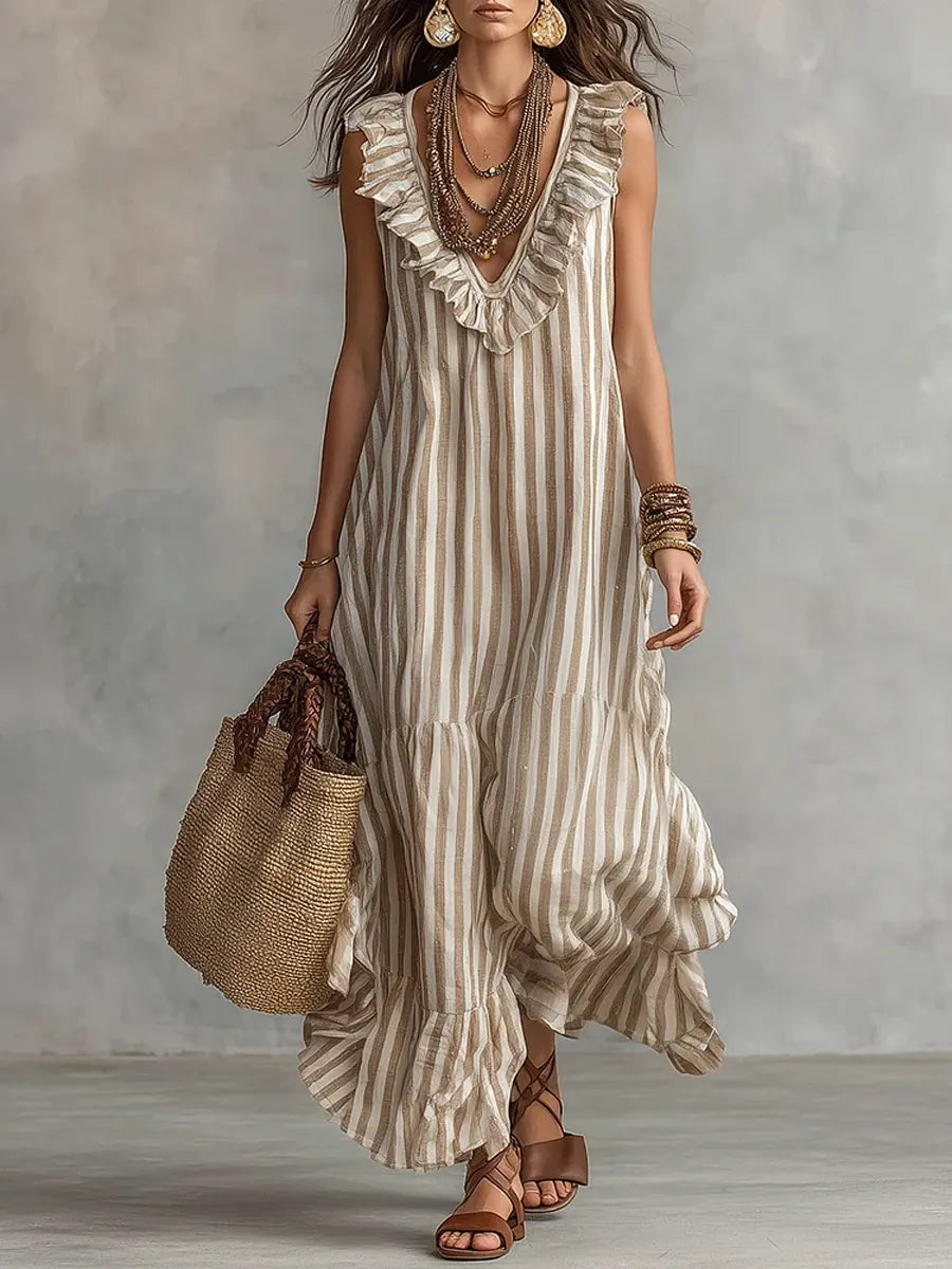 Isabel | Vestido em Algodão com Riscas e Folhos no Decote