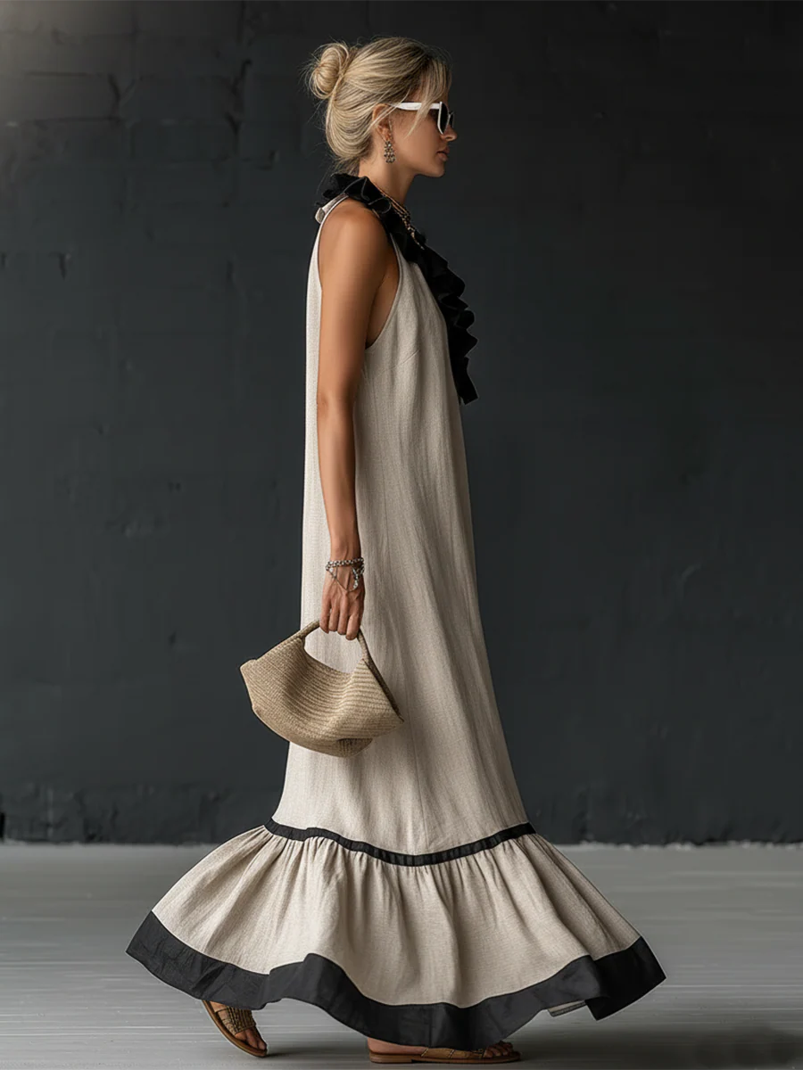 Sofia | Vestido Maxi com Folhos e Detalhe Bicolor