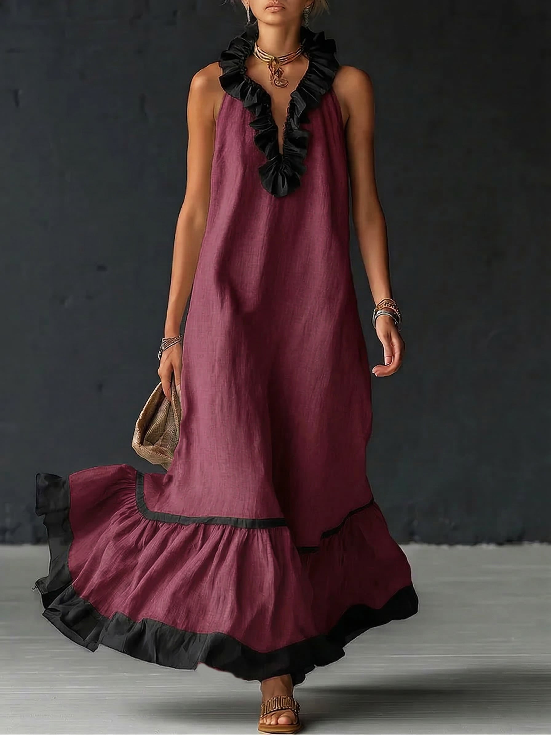 Sofia | Vestido Maxi com Folhos e Detalhe Bicolor
