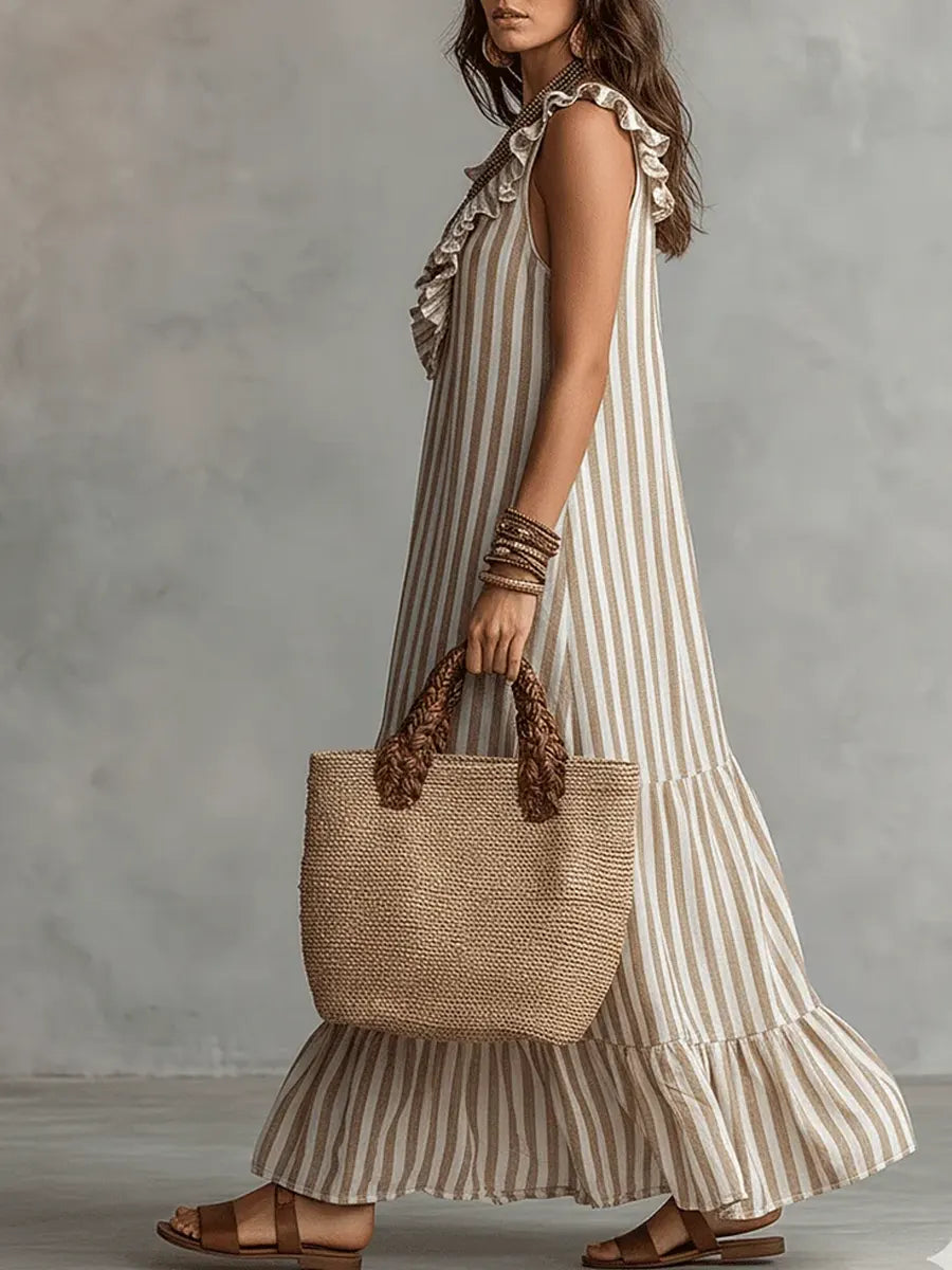 Isabel | Vestido em Algodão com Riscas e Folhos no Decote