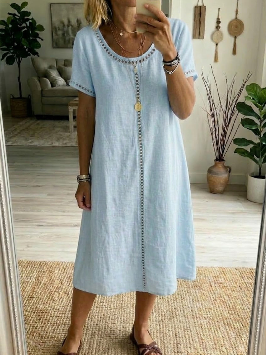 Leonor | Vestido em Linho e Algodão com Bordado Artesanal e Detalhes Abertos | Éloren Lisboa