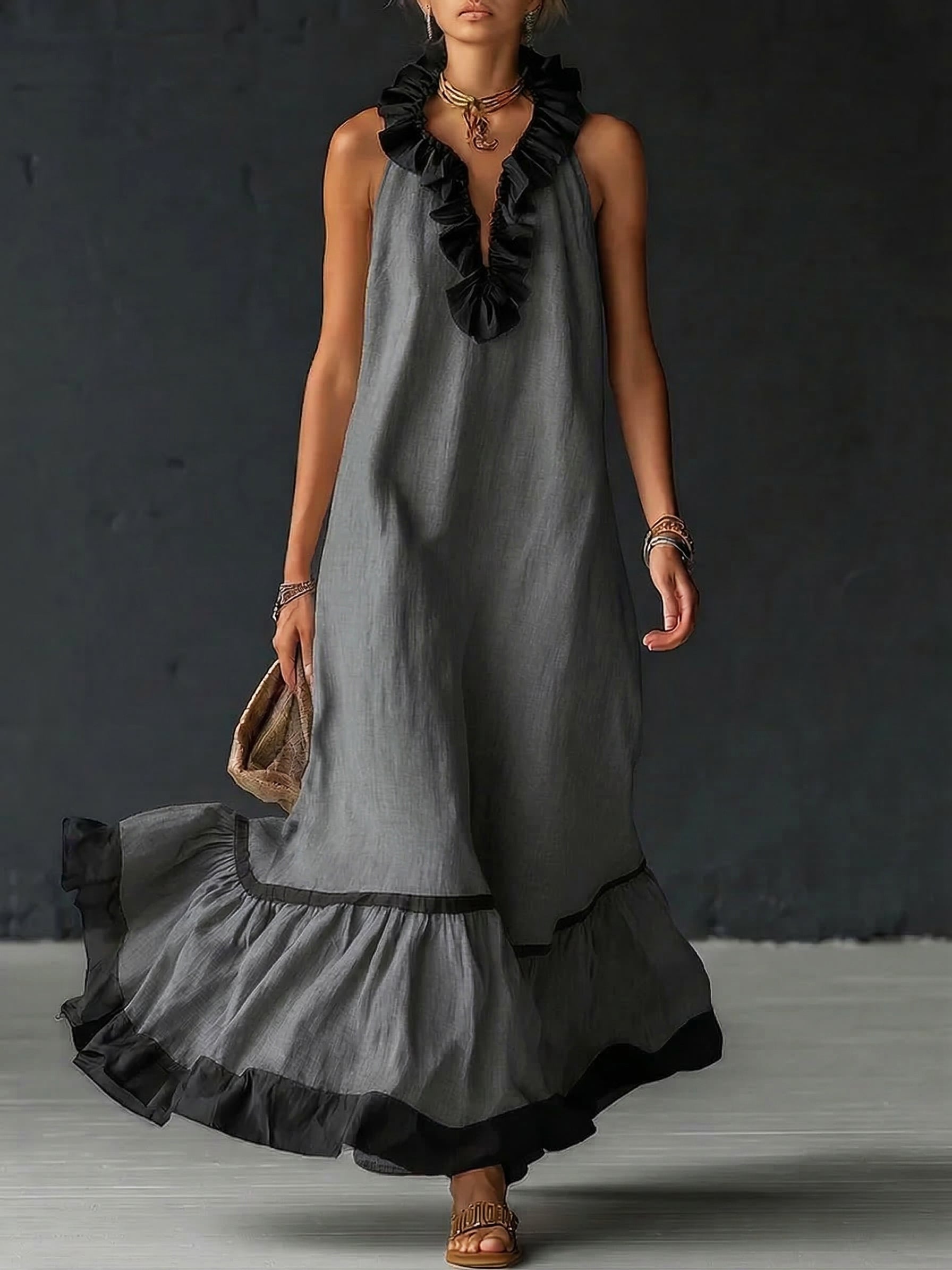Sofia | Vestido Maxi com Folhos e Detalhe Bicolor