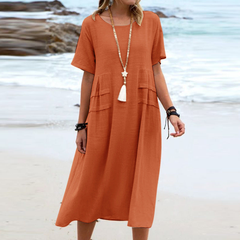Carlota | Vestido Midi em Linho e Algodão com Gola Redonda