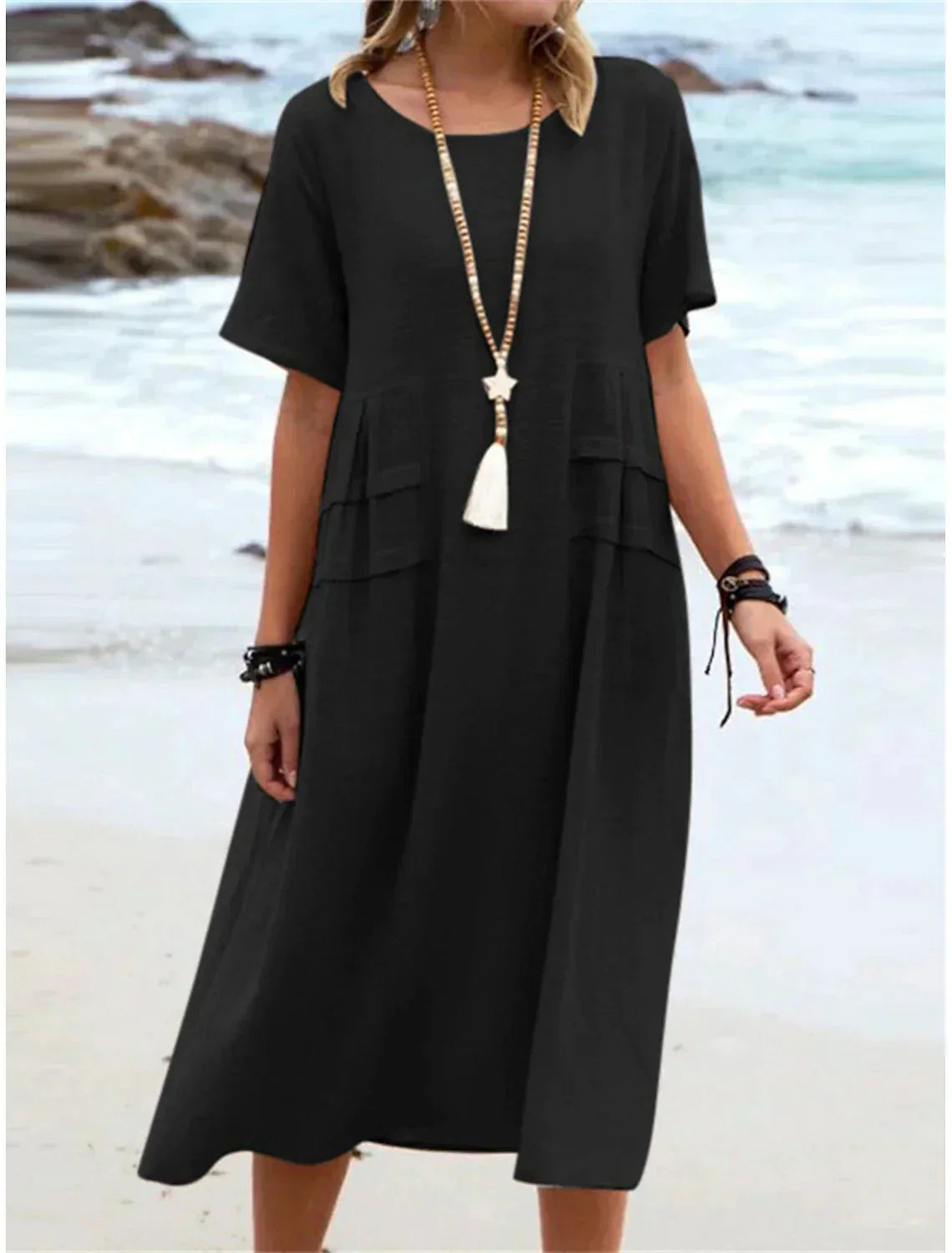 Carlota | Vestido Midi em Linho e Algodão com Gola Redonda