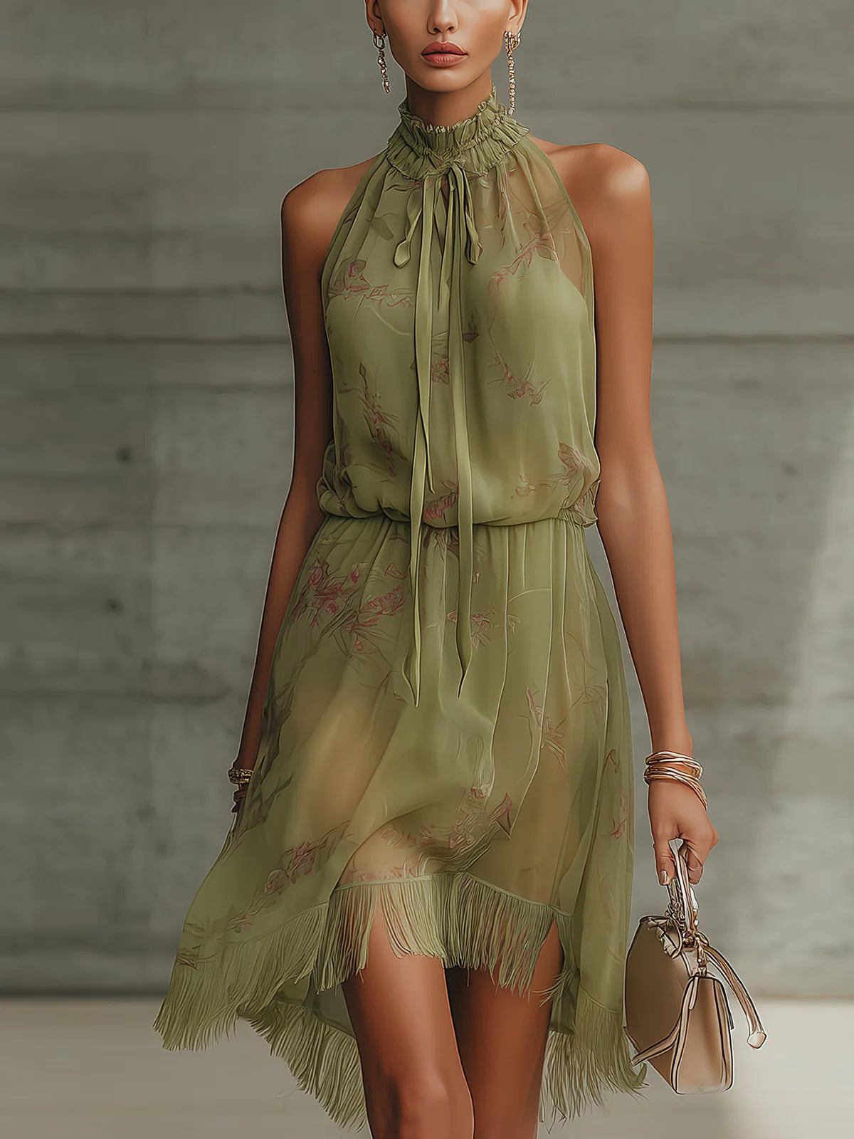 Ondina | Vestido Mini em Chiffon Verde Floral que Valoriza a Silhueta