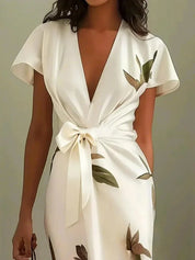 Matilde | Vestido Wrap Elegante com Estampa de Folhas
