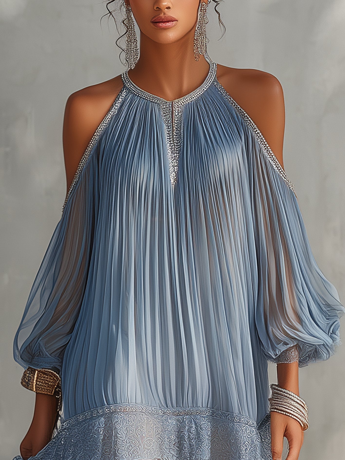 Soffia - Vestido Mini Azul com Ombros à Mostra e Detalhes em Renda para Mulher