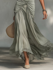 Clara - Vestido Maxi de Tecido Elástico e Chiffon Cinza para Mulher